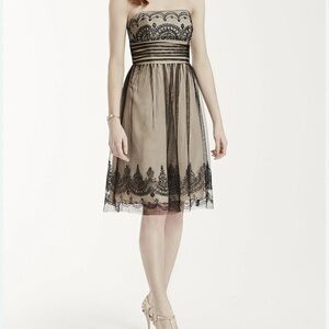 David's Bridal strapless tulle dress with black lace and beige, caviar beading